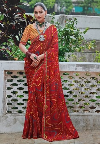 Jaipuri kachori dark red bandhan silk saree