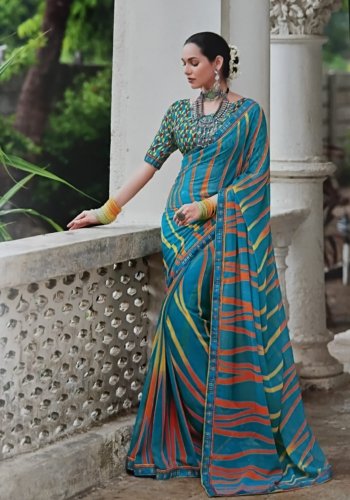 Jaipuri kachori light blue bandhan silk saree