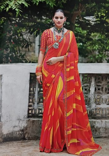 Jaipuri kachori orange bandhan silk saree