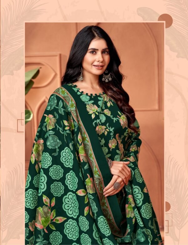 Designer salwar kameez mix cotton with pant style in dark green colour - Image 2