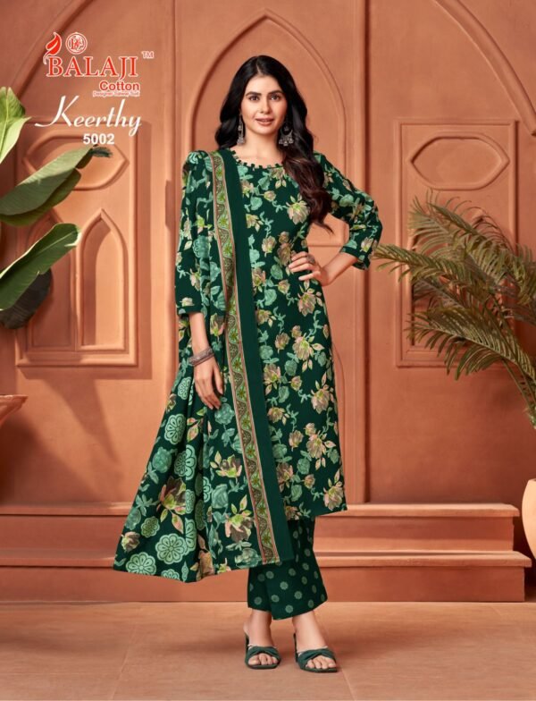 Designer salwar kameez mix cotton with pant style in dark green colour