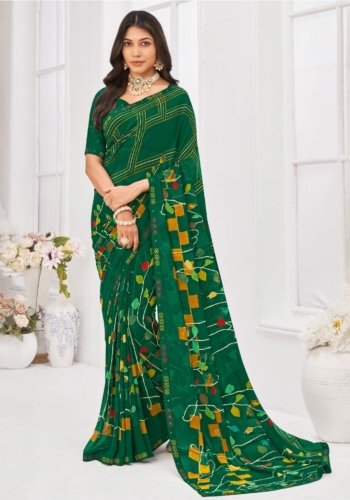 Georgette Saree in Dark Green Color