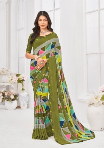 Georgette Saree in Olive Green
