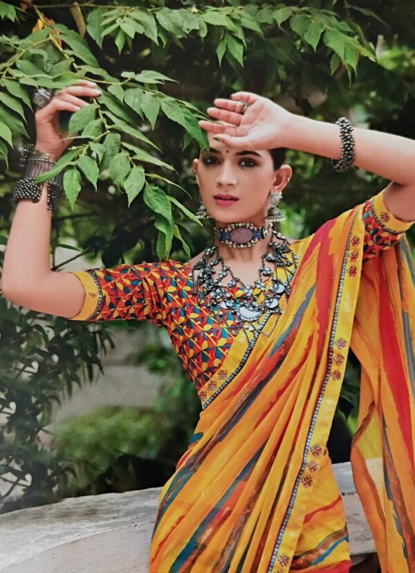 Jaipuri kachori yellow bandhan silk saree - Image 2