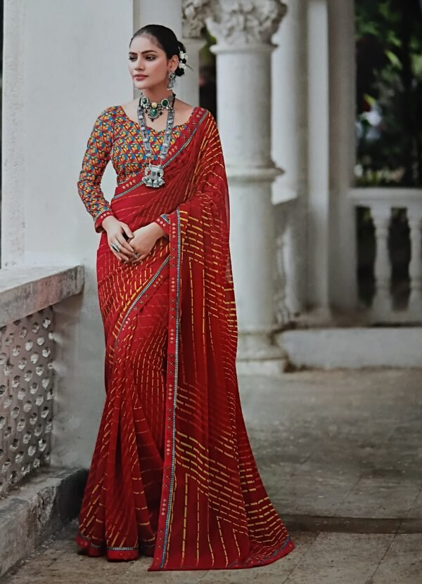 Jaipuri kachori red bandhan silk saree