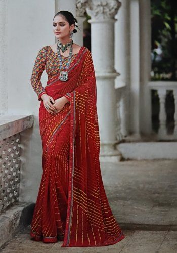 Jaipuri kachori red bandhan silk saree
