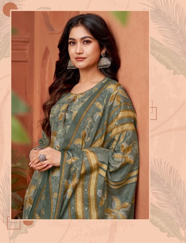 Designer salwar kameez mix cotton with pant style in olive green+coffee brown colour - Image 2