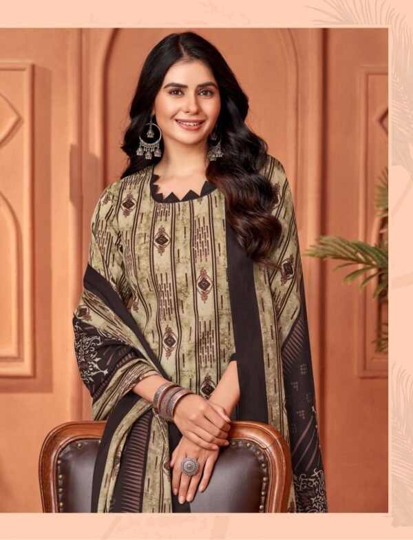 Designer salwar kameez mix cotton with pant style in brown colour - Image 2