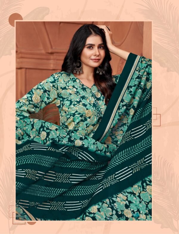 Designer salwar kameez mix cotton with pant style in pich green colour - Image 3