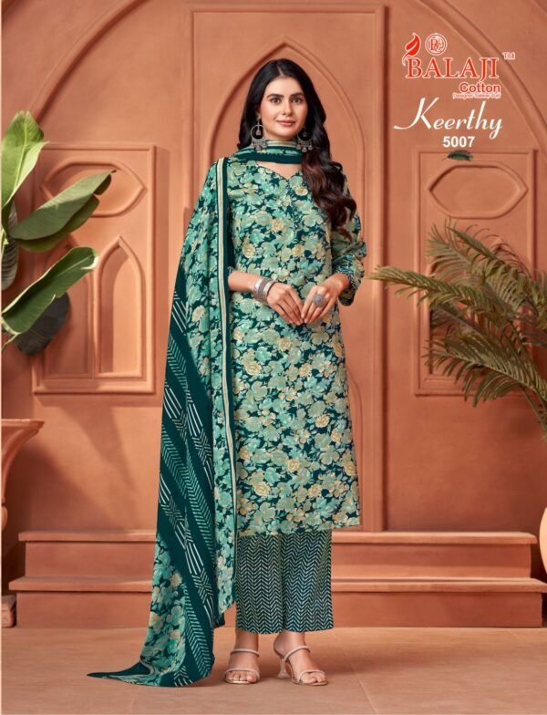 Designer salwar kameez mix cotton with pant style in pich green colour