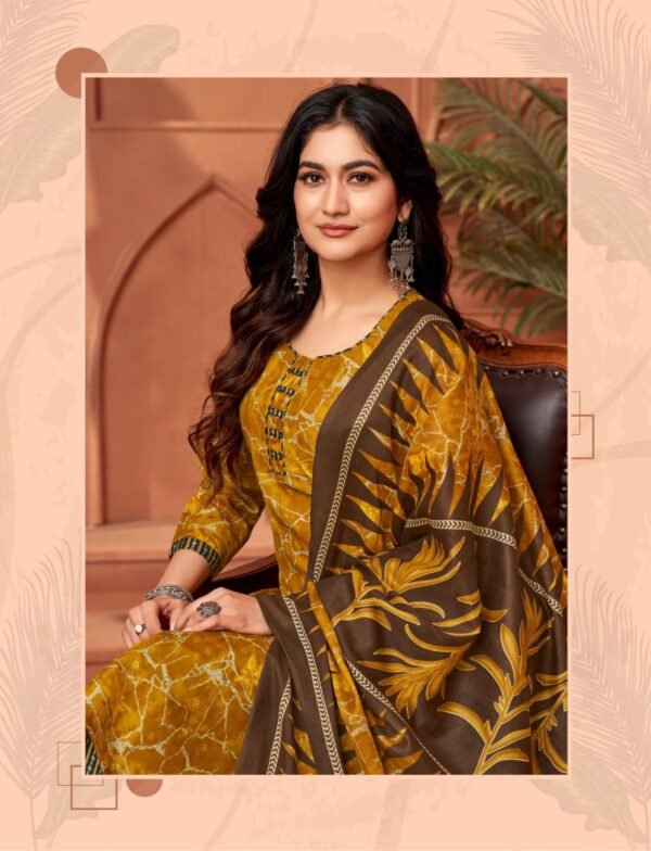 Designer salwar kameez mix cotton with pant style in yellow  colour - Image 2