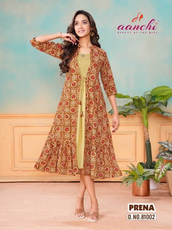 aanchi prena rayon print readymade fancy attach orange jacket style kurti