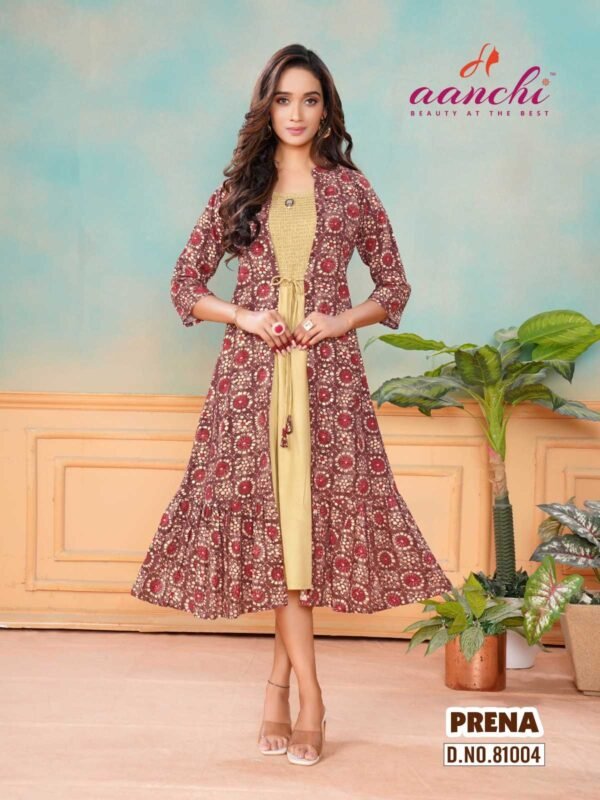 aanchi prena rayon print readymade fancy attach brown jacket style kurti