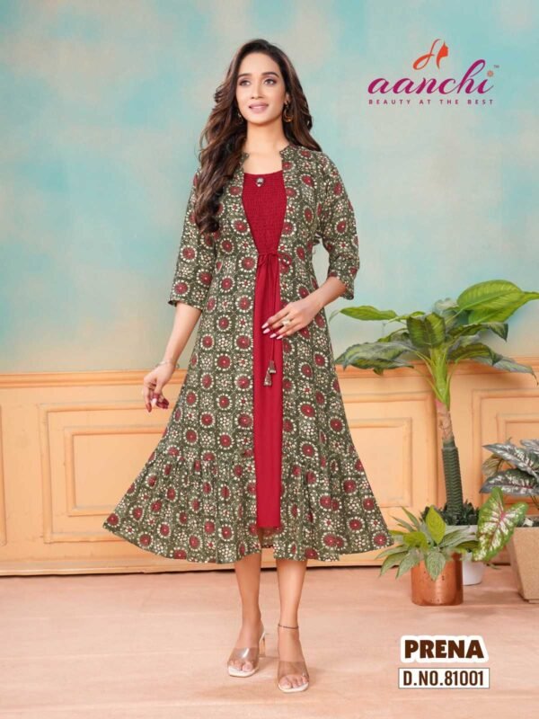 aanchi prena rayon print readymade fancy attach dark green jacket style kurti